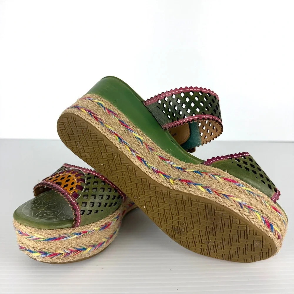 Spring Step L'Artiste Lona Green Leather Floral Wedge Sandals Slides EU 38